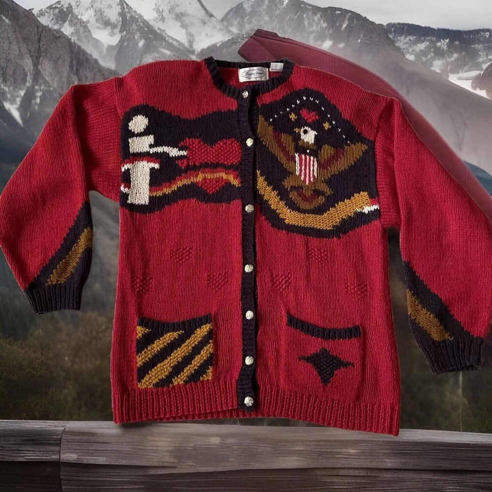 Vintage Patriotic Cardigan Sweater M Eagle Army USA Red Black